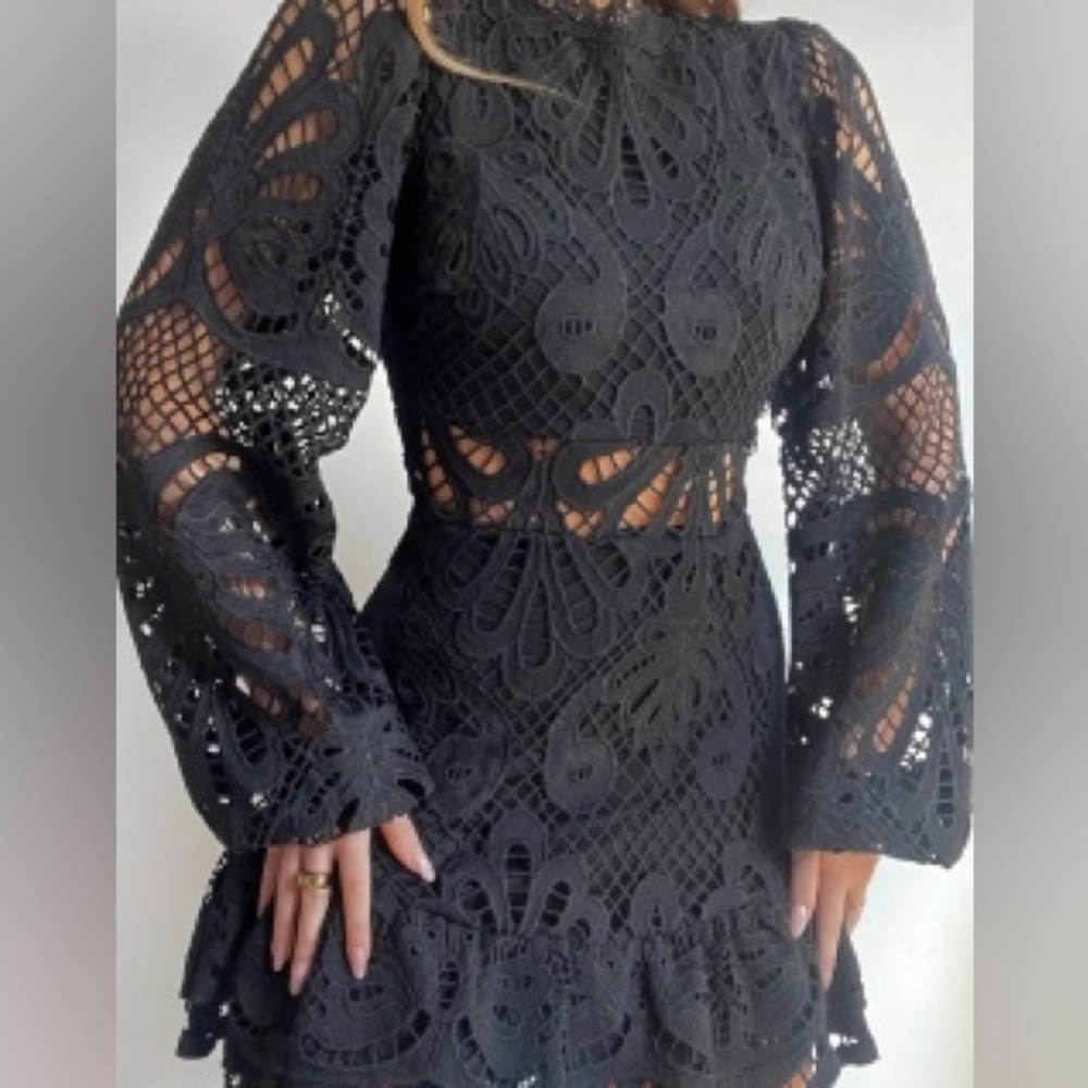 Showpo Kiss Me Now Mini Dress Puff Sleeve Black Lace